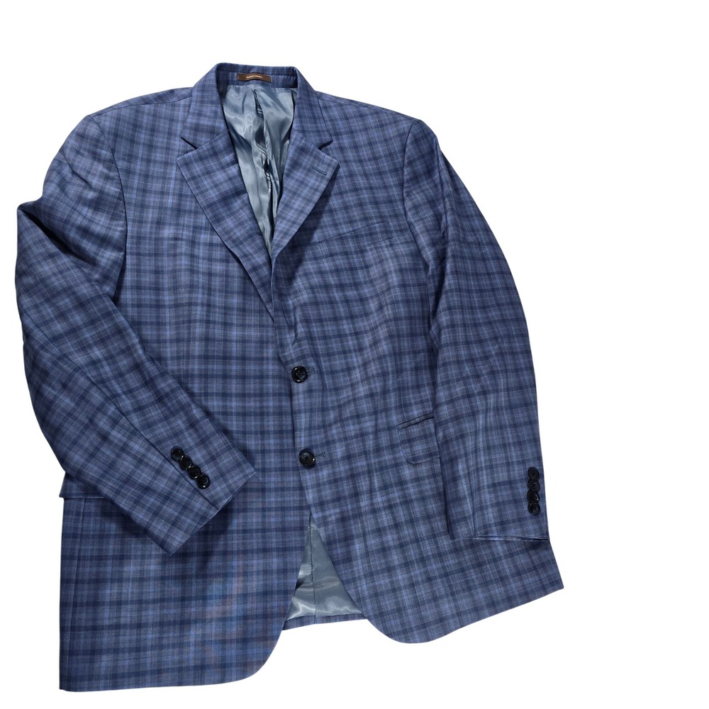 Peter Millar Mens 44R Blue Plaid Pure Virgin Wool 2-Button Sport Coat Blazer